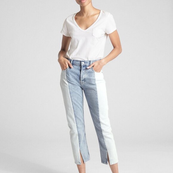 GAP High Rise Straight Crop Tonal Spliced Color Block Button Fly jeans Womens 25 - Picture 2 of 12